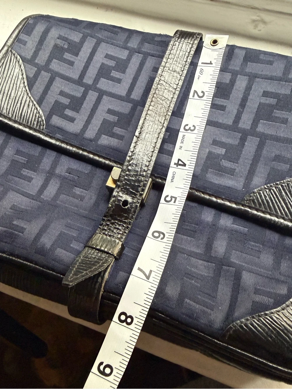 Fendi Vintage circa 90s Navy Blue Canvas Shoulder Bag with Black Leather Trim - Picture 6 of 16